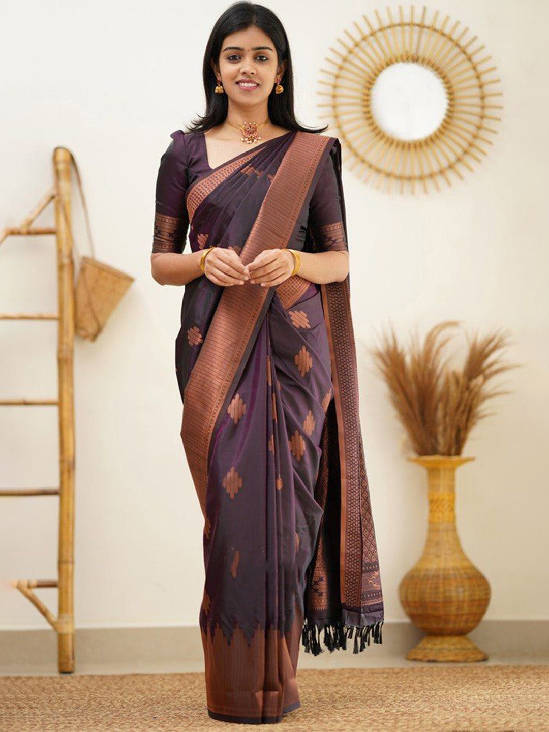 

choiceit Ethnic Motifs Woven Design Zari Pure Silk Kanjeevaram Saree, Purple