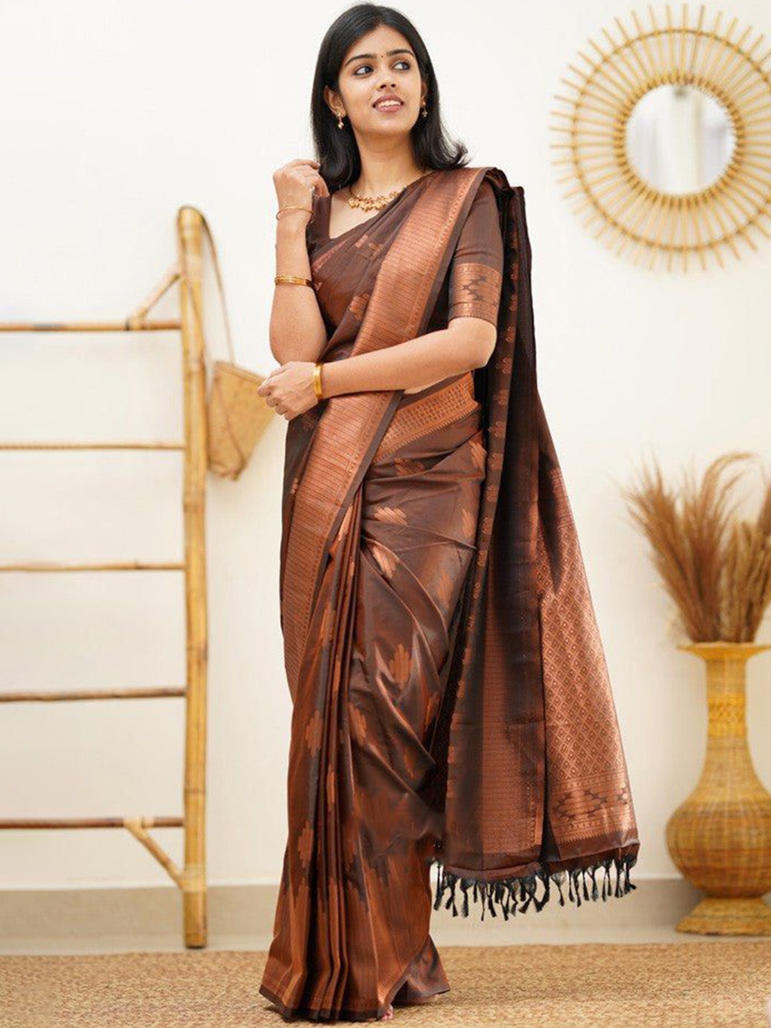 

choiceit Ethnic Motifs Woven Design Zari Pure Silk Saree, Brown