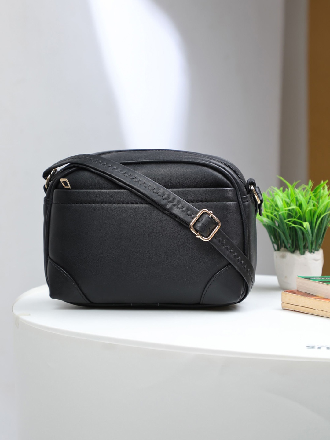 

K London Women Solid Crossbody Leather Sling Bag, Black