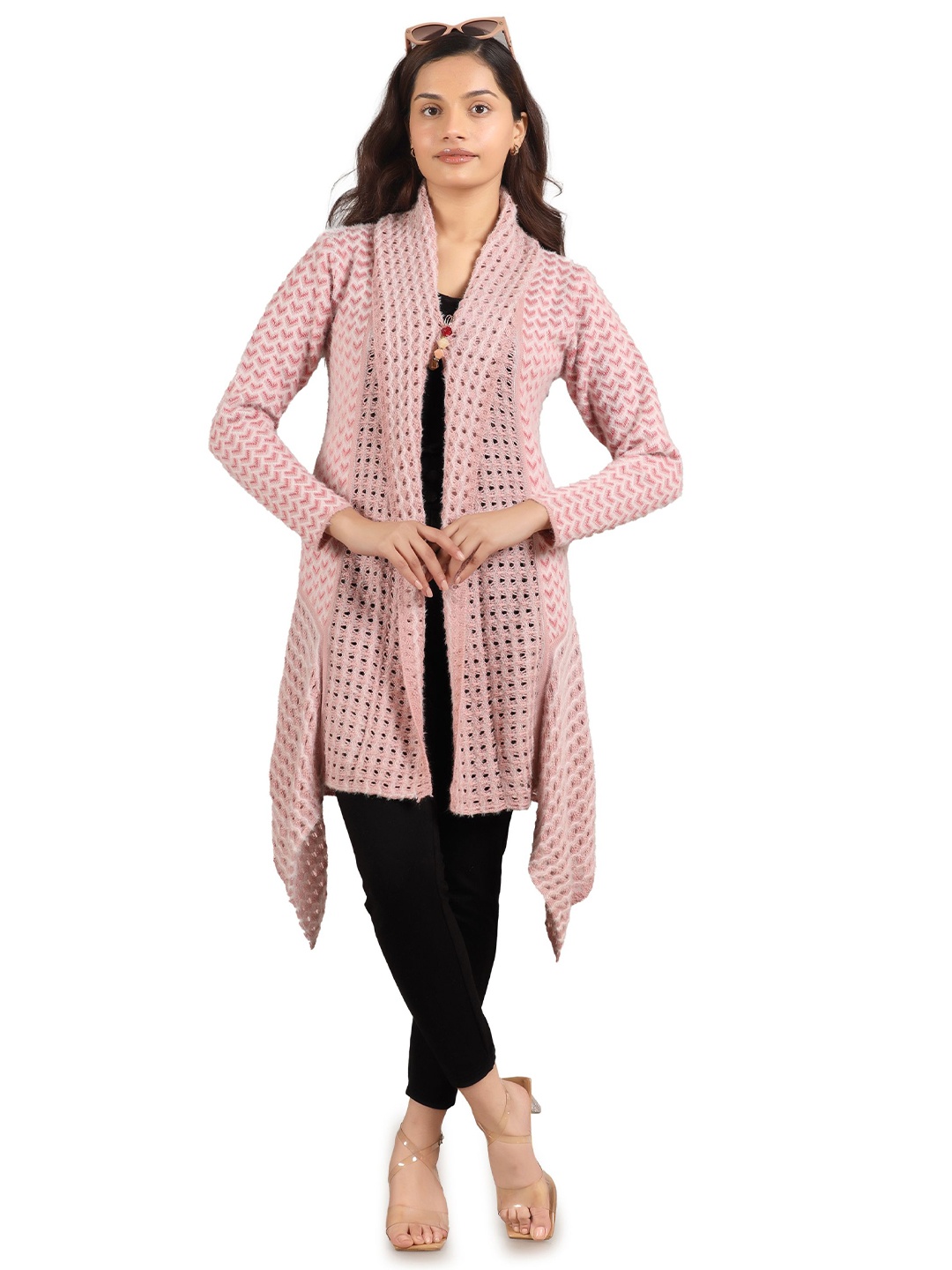 

Pampara Self Design Open Front Woollen Longline Shrug, Pink