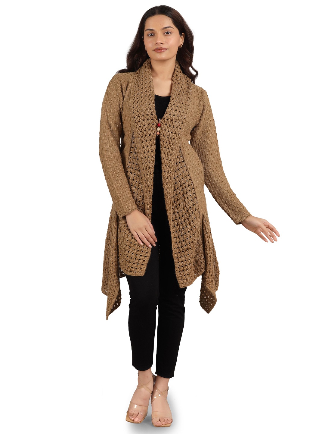 

Pampara Self Design Open Front Acrylic Longline Shrug, Brown