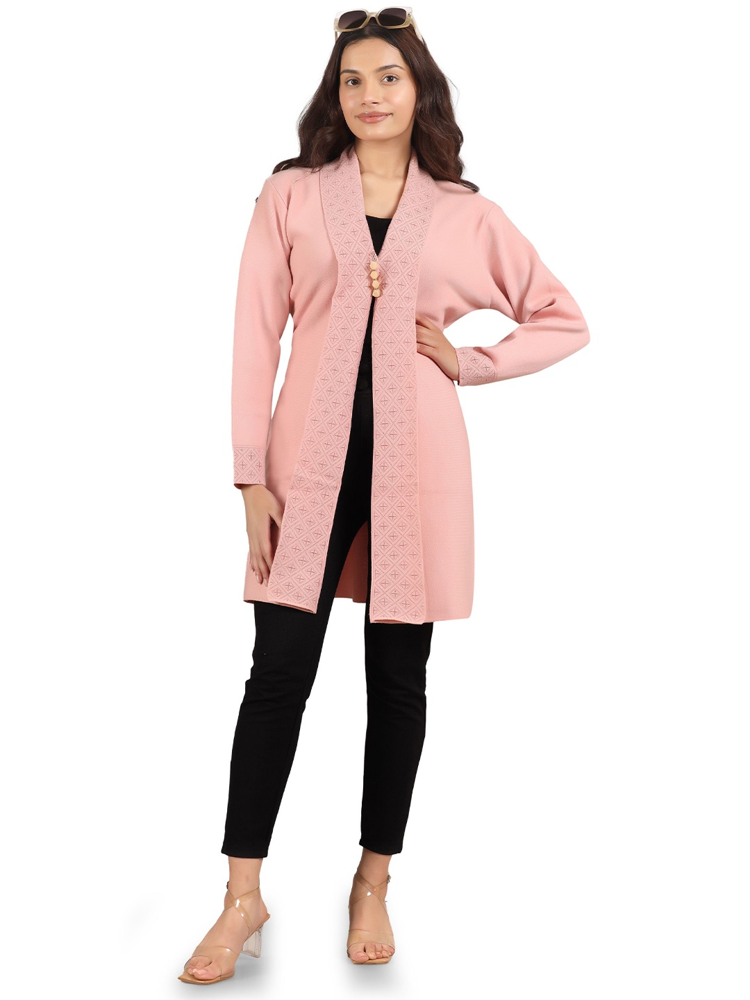 

Pampara Self Design Open Front Woollen Longline Shrug, Pink