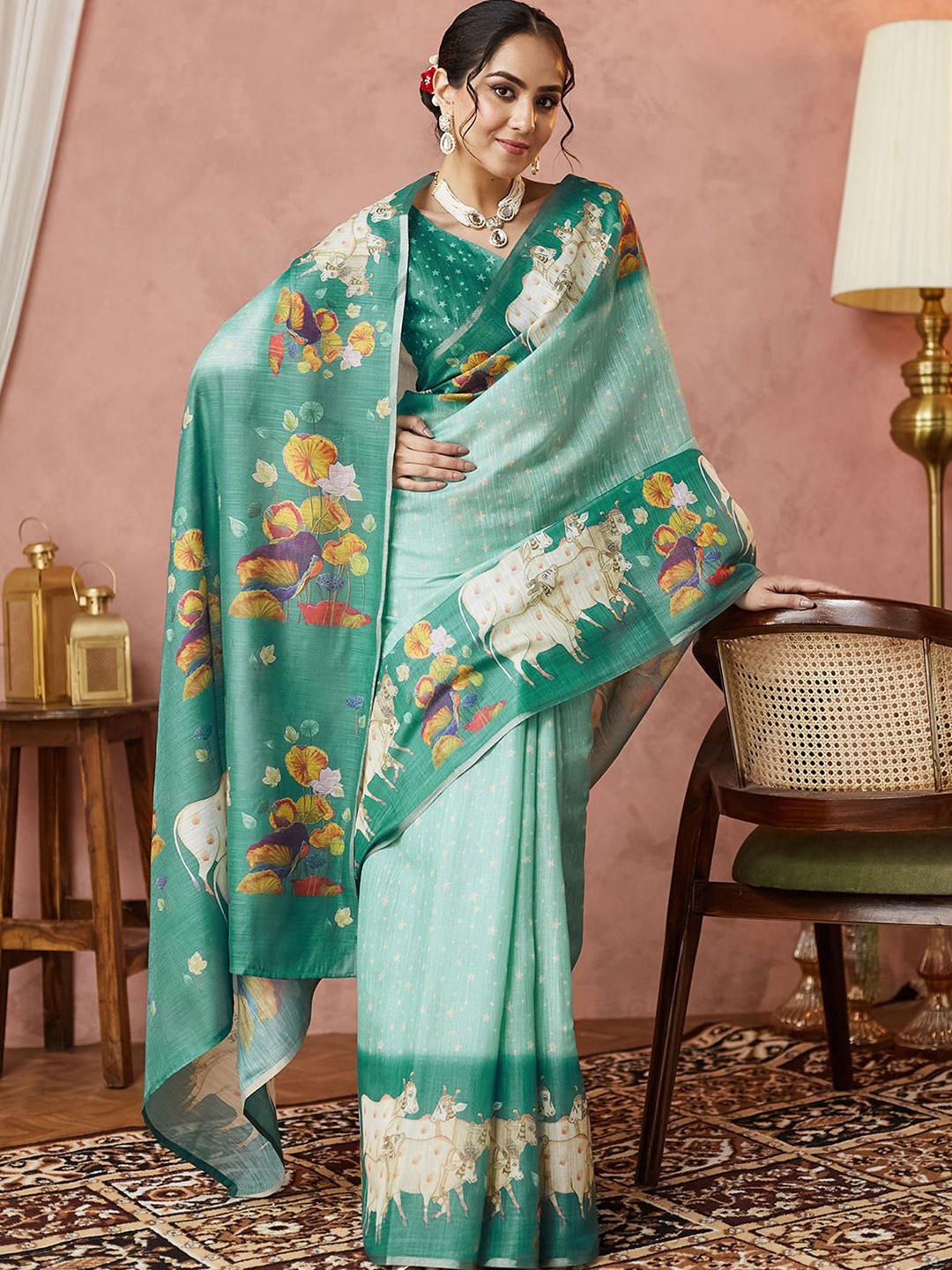 

Satrani Floral Printed Saree With Blouse Piece, Green