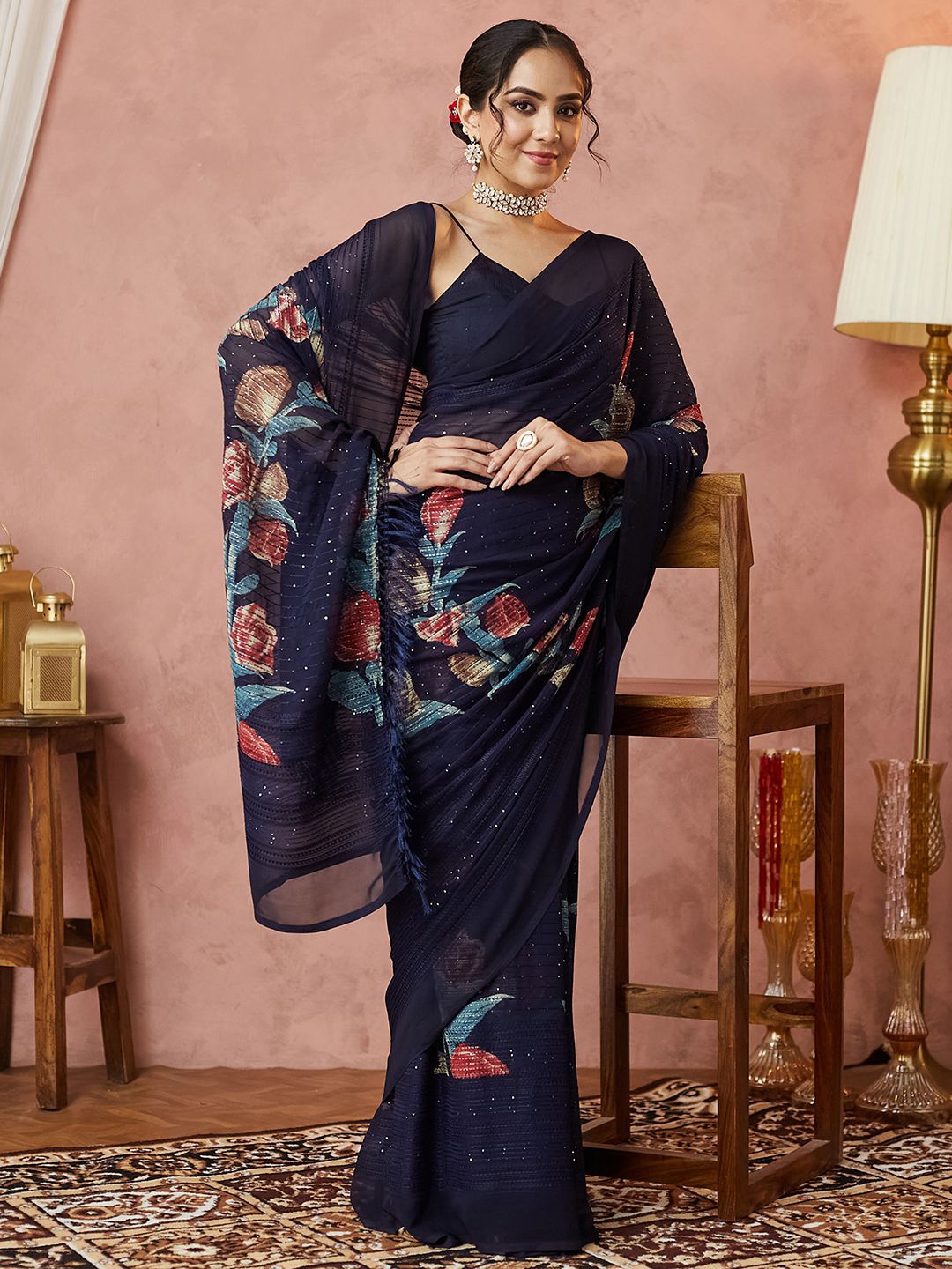 

Satrani Floral Embellished Sequinned Pure Georgette Saree, Navy blue