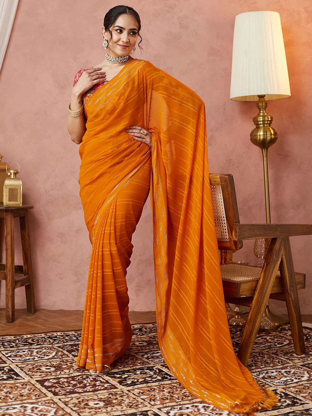

Satrani Embellished Beads and Stones Pure Georgette Saree, Orange