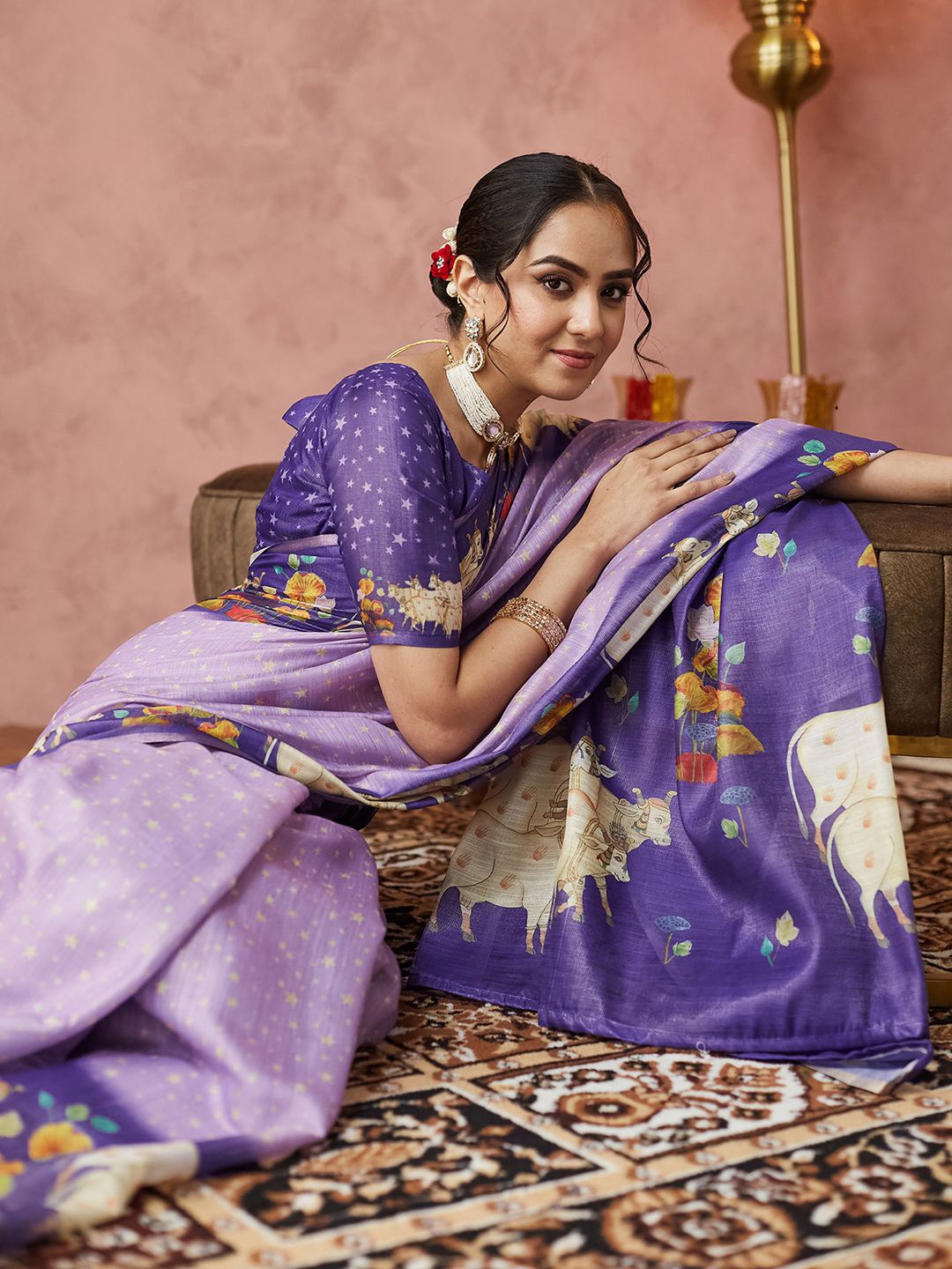 

Satrani Floral Printed Saree With Blouse Piece, Lavender
