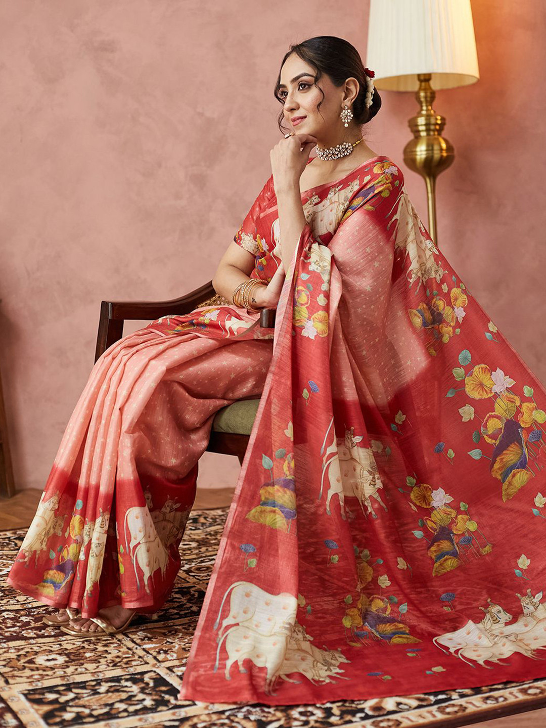 

Satrani Floral Printed Saree With Blouse Piece, Pink
