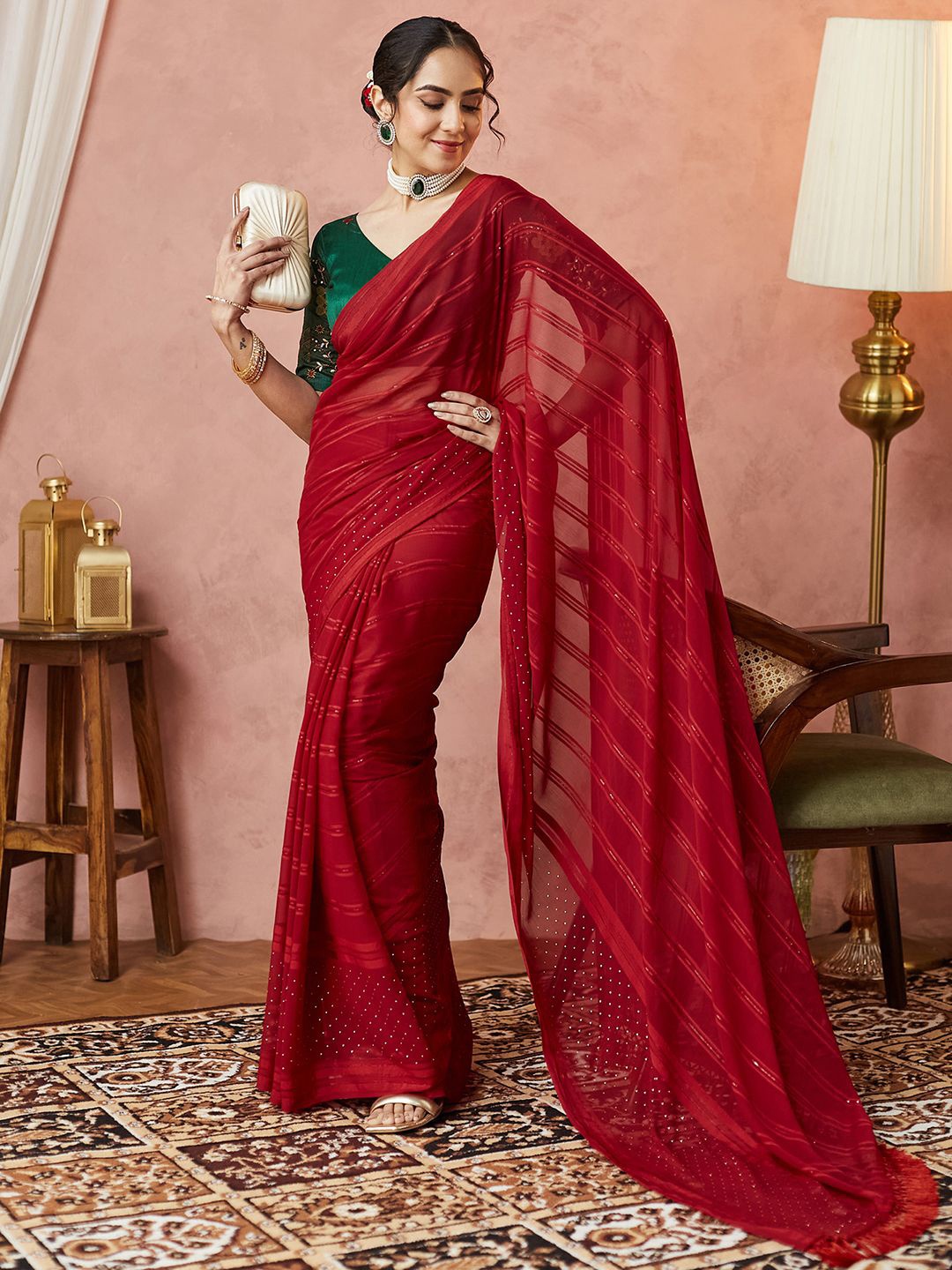

Satrani Striped Beads and Stones Pure Georgette Saree, Red
