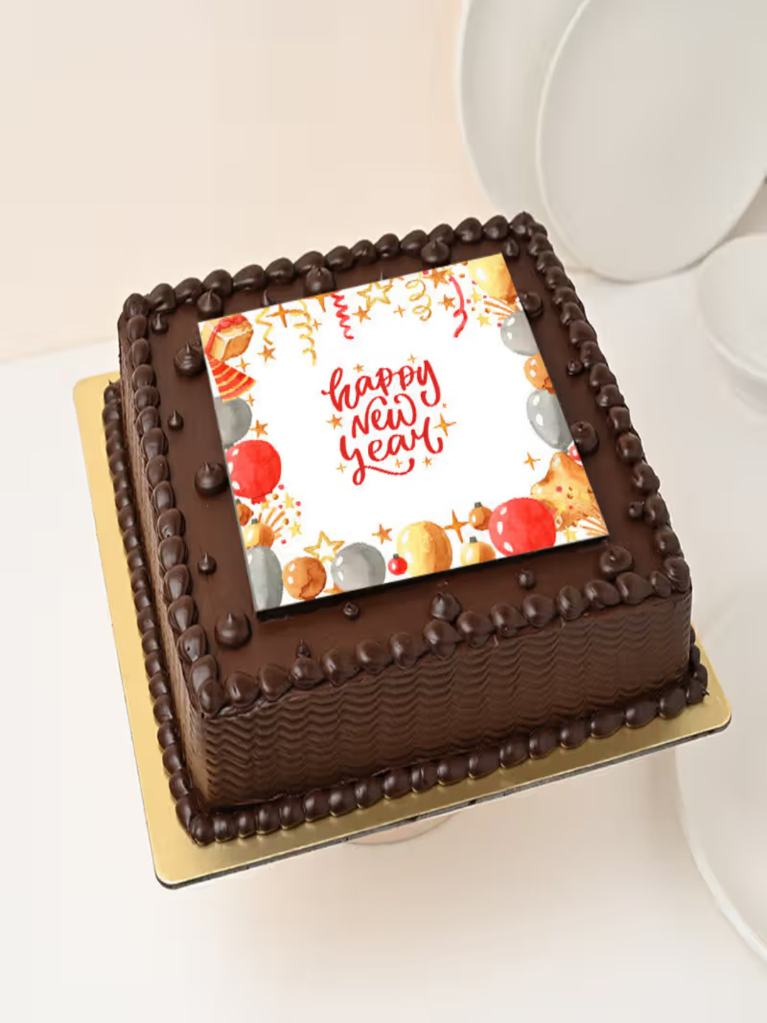 

Floweraura New Year Chocolate Flavour Eggless Round Poster Cake 500gm, Brown