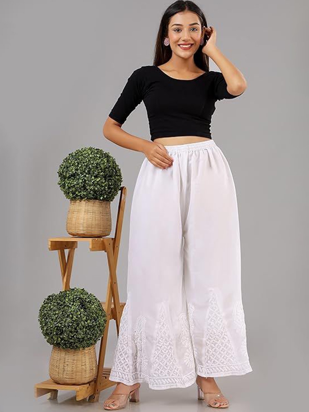 

ADR CHIKAN Women Ethnic Motifs Embroidered Flared Ethnic Palazzos, White