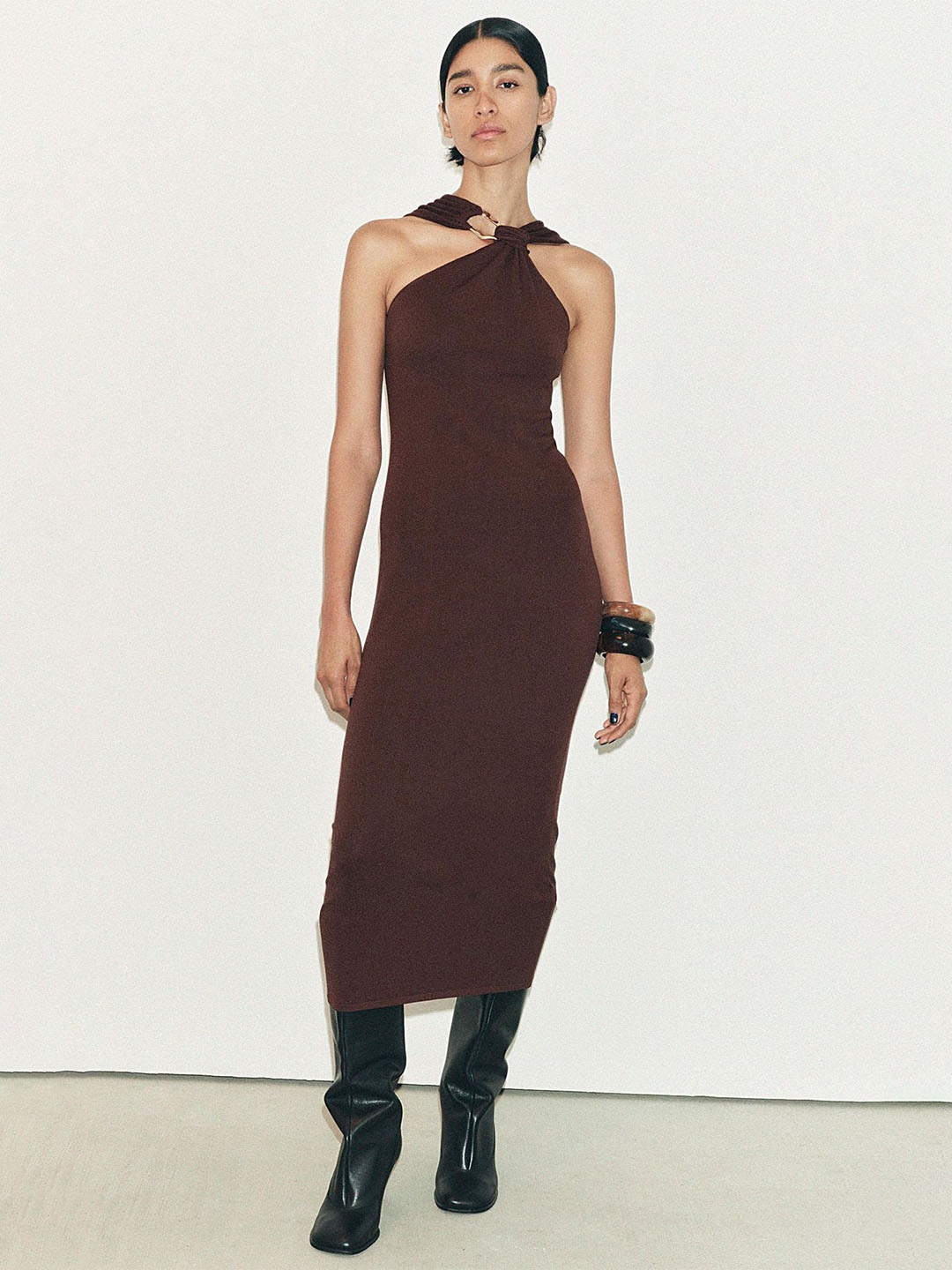 

LULU & SKY Women Halter Neck Bodycon Midi Dress, Burgundy