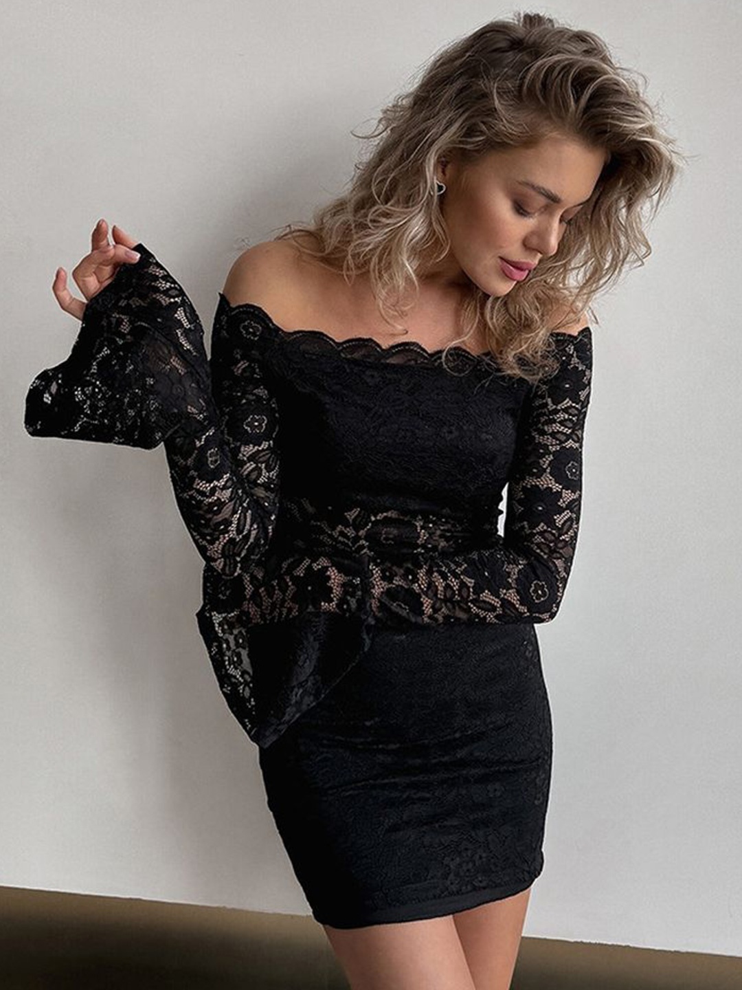 

LULU & SKY Off-Shoulder Sheer Lace Splicing Bodycon Mini Dress, Black