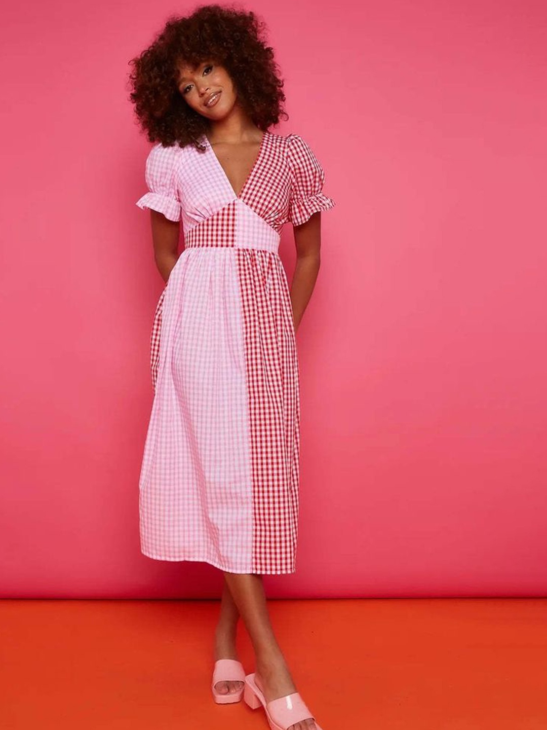 

LULU & SKY Women Checked A-Line Midi Dress, Pink