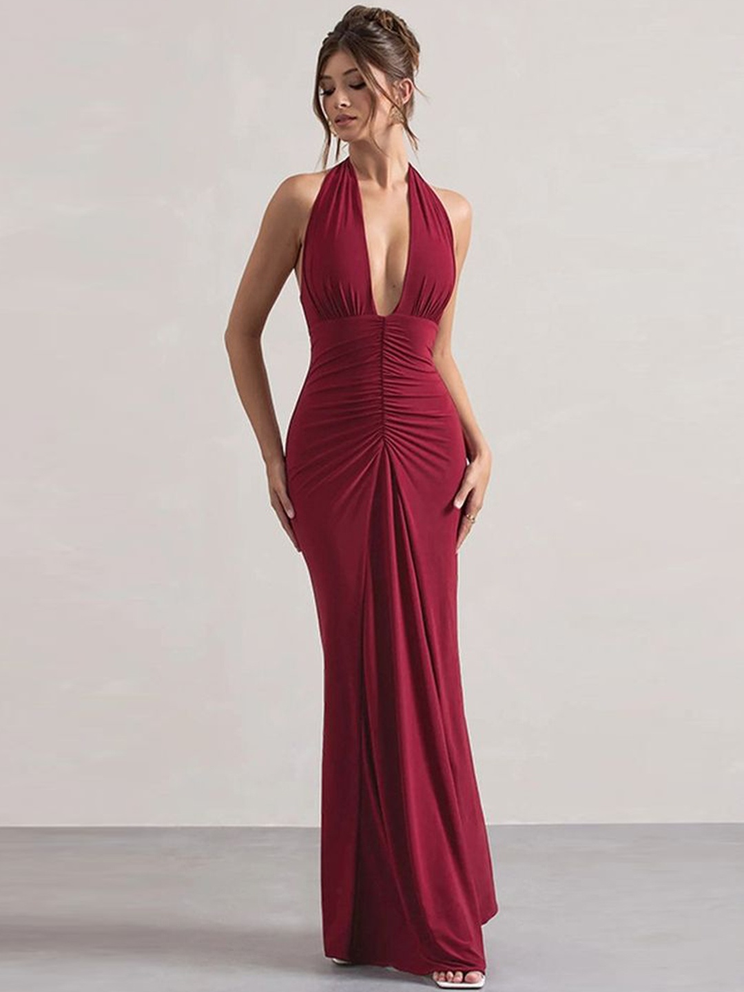 

LULU & SKY Women Halter Neck Maxi Dress, Burgundy