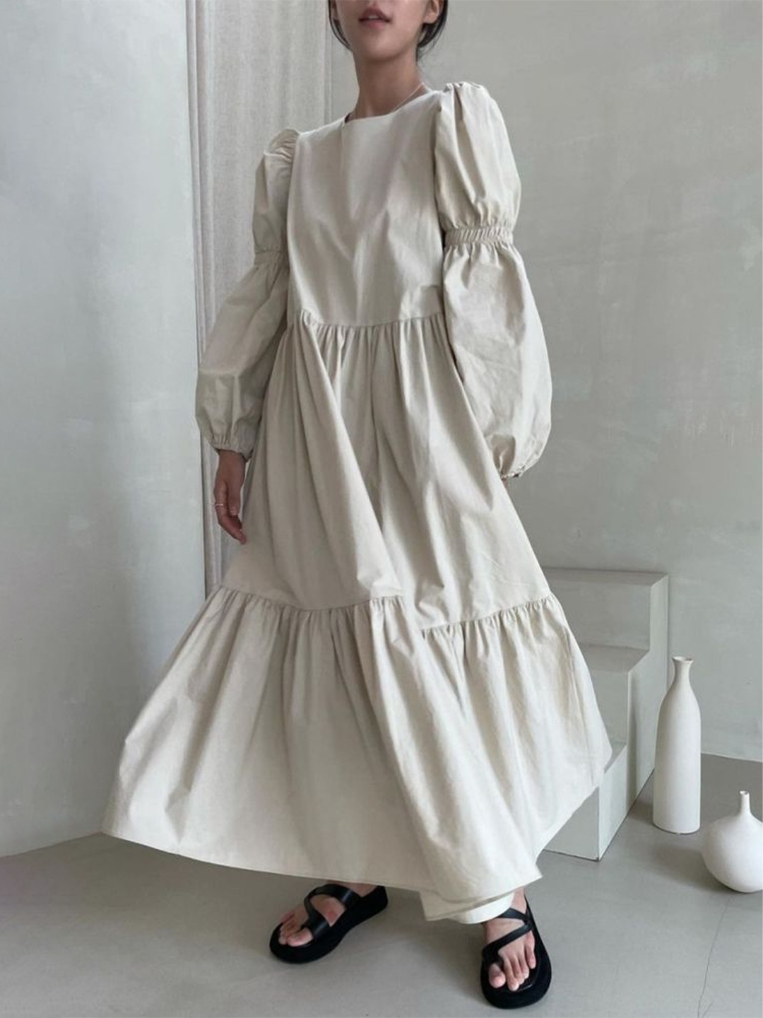 

LULU & SKY Puff Sleeve Tiered Maxi Dress, Beige