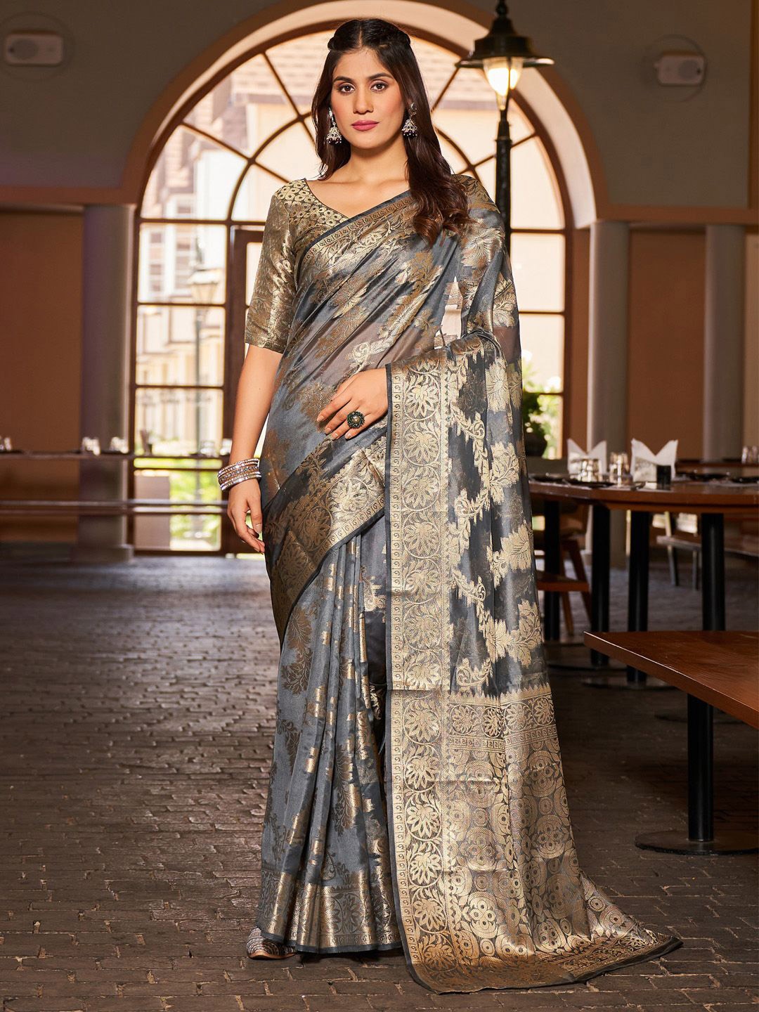 

KALINI Ethnic Motifs Woven Design Zari Organza Saree, Grey