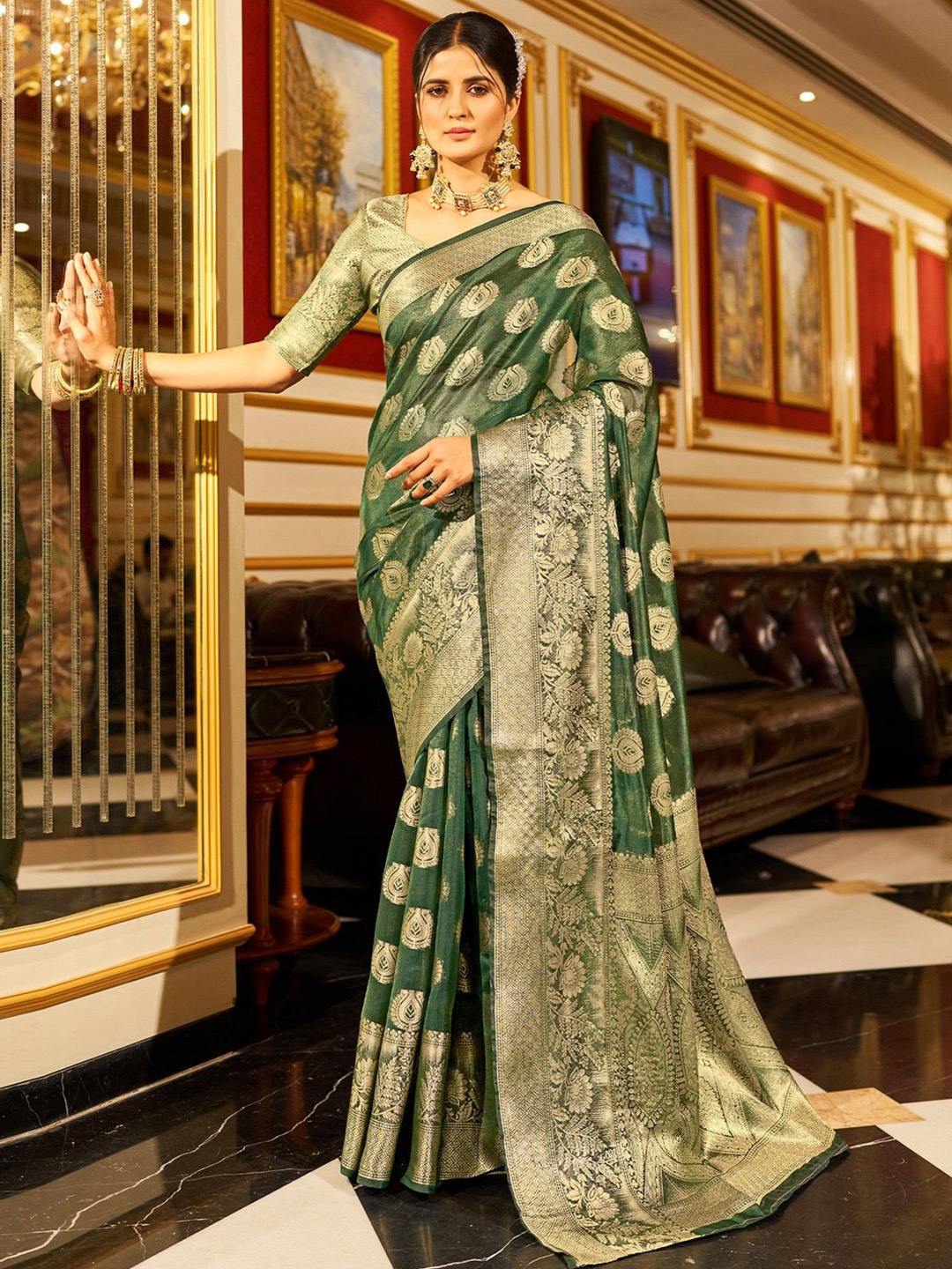 

KALINI Ethnic Motifs Woven Design Zari Organza Banarasi Saree, Green