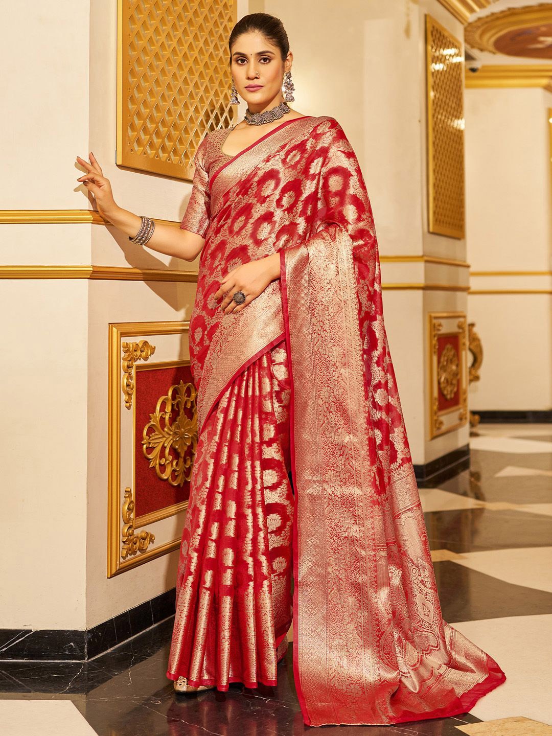 

KALINI Ethnic Motifs Woven Design Zari Organza Saree, Red