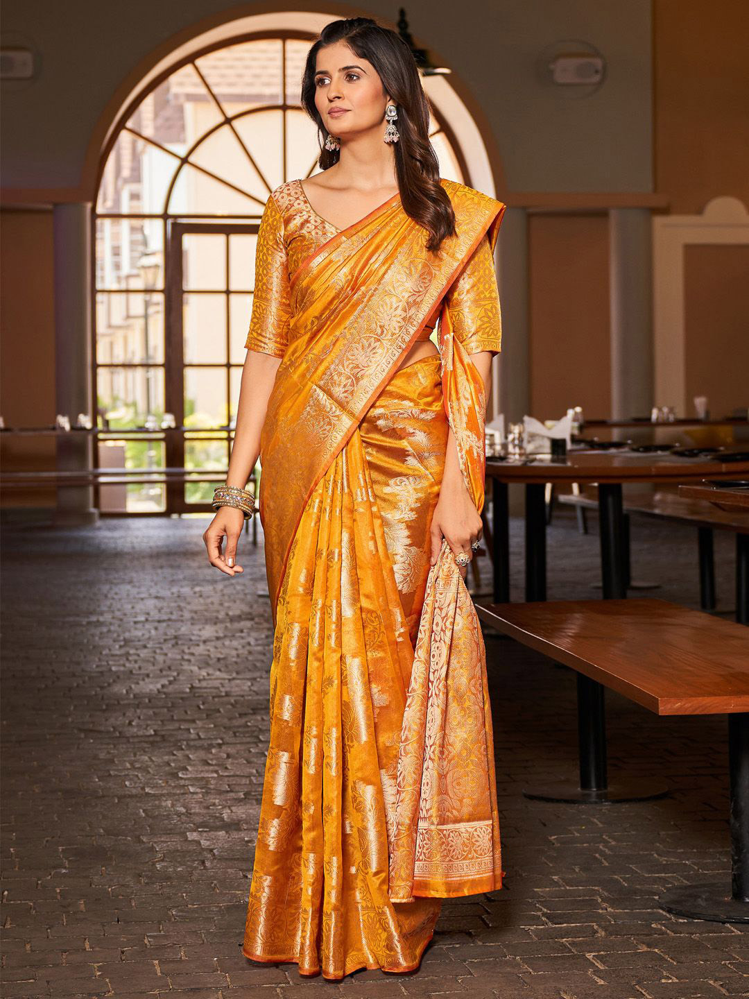 

KALINI Ethnic Motifs Woven Design Zari Organza Banarasi Saree, Yellow
