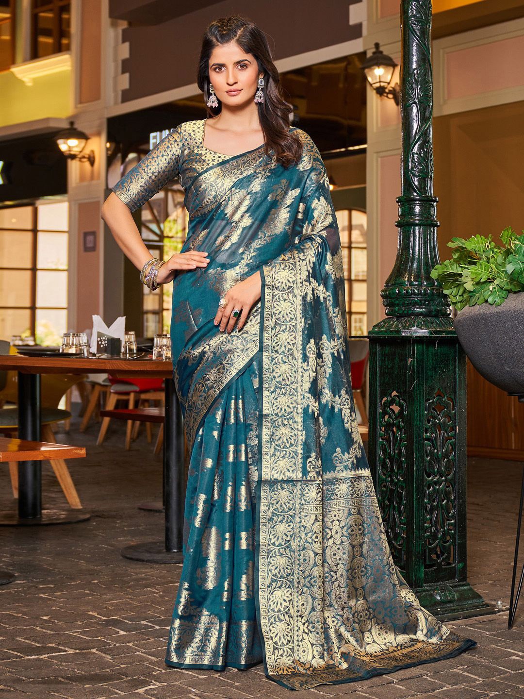 

KALINI Ethnic Motifs Woven Design Zari Organza Banarasi Saree, Teal