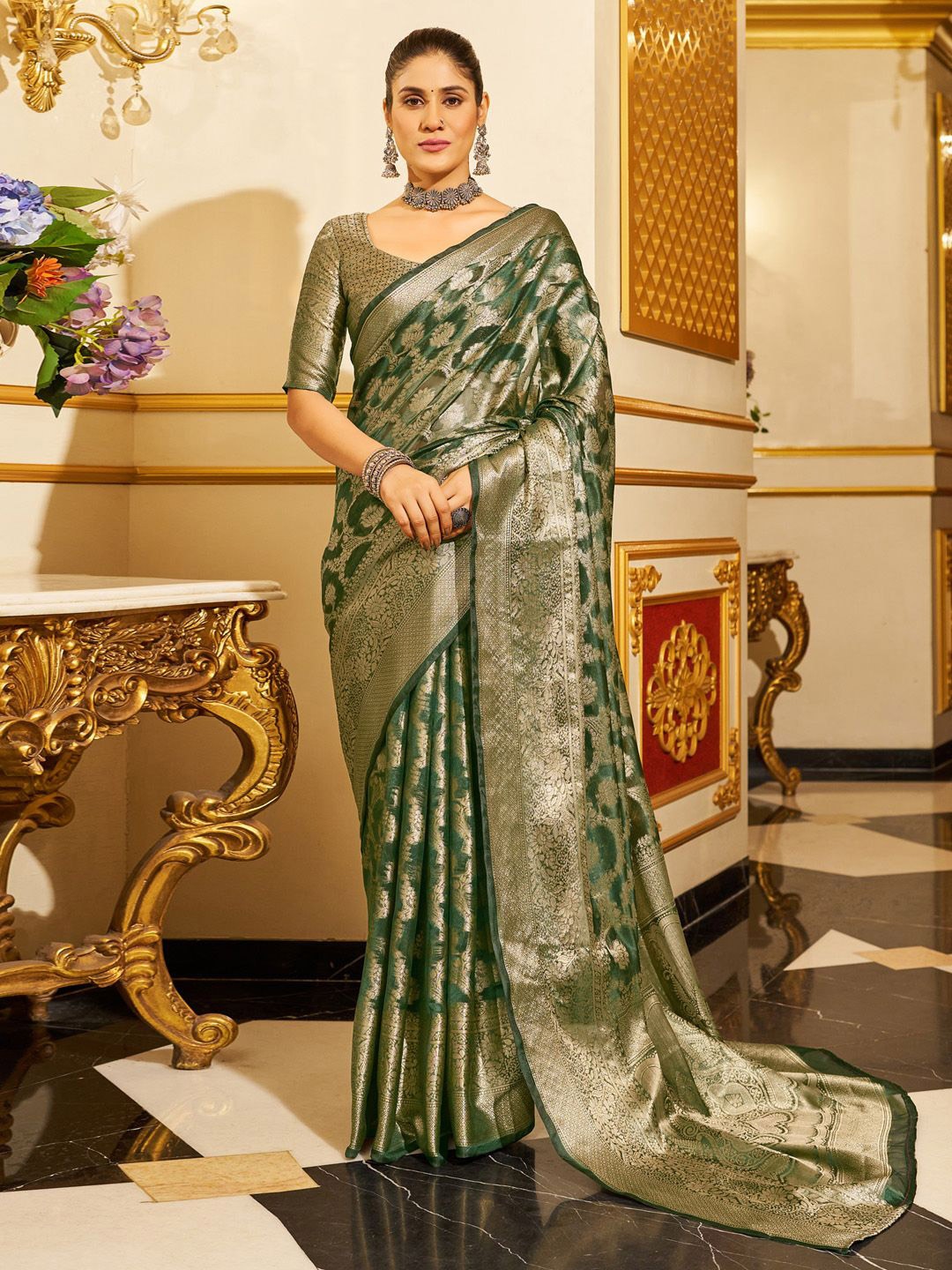 

KALINI Ethnic Motifs Woven Design Zari Organza Saree, Green