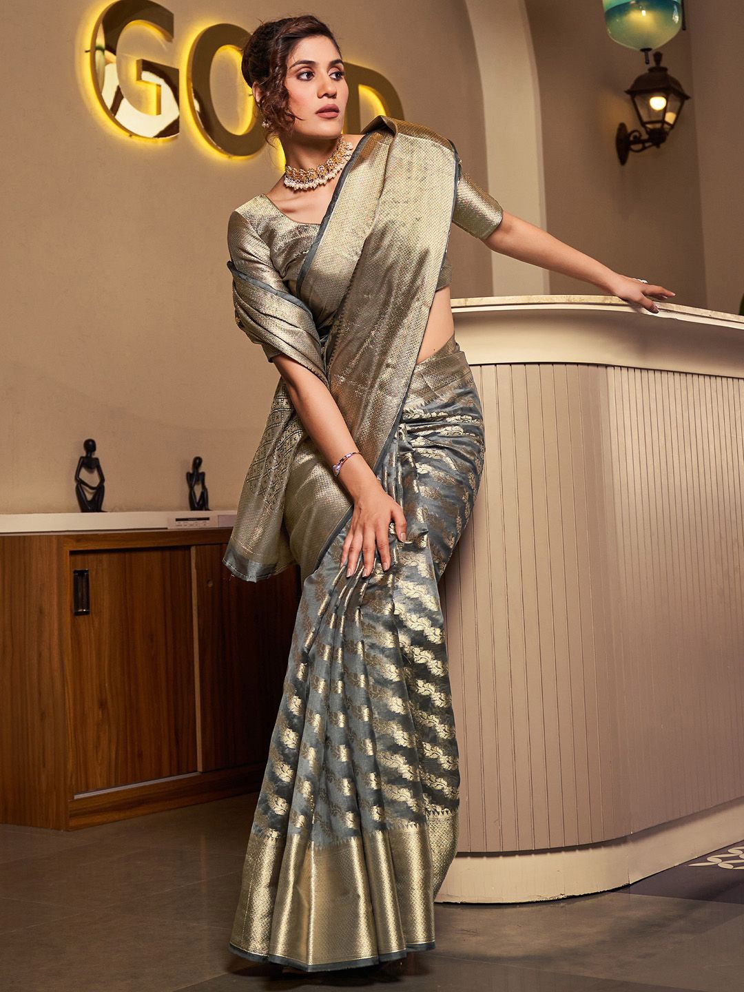 

KALINI Ethnic Motifs Woven Design Zari Organza Banarasi Saree, Grey