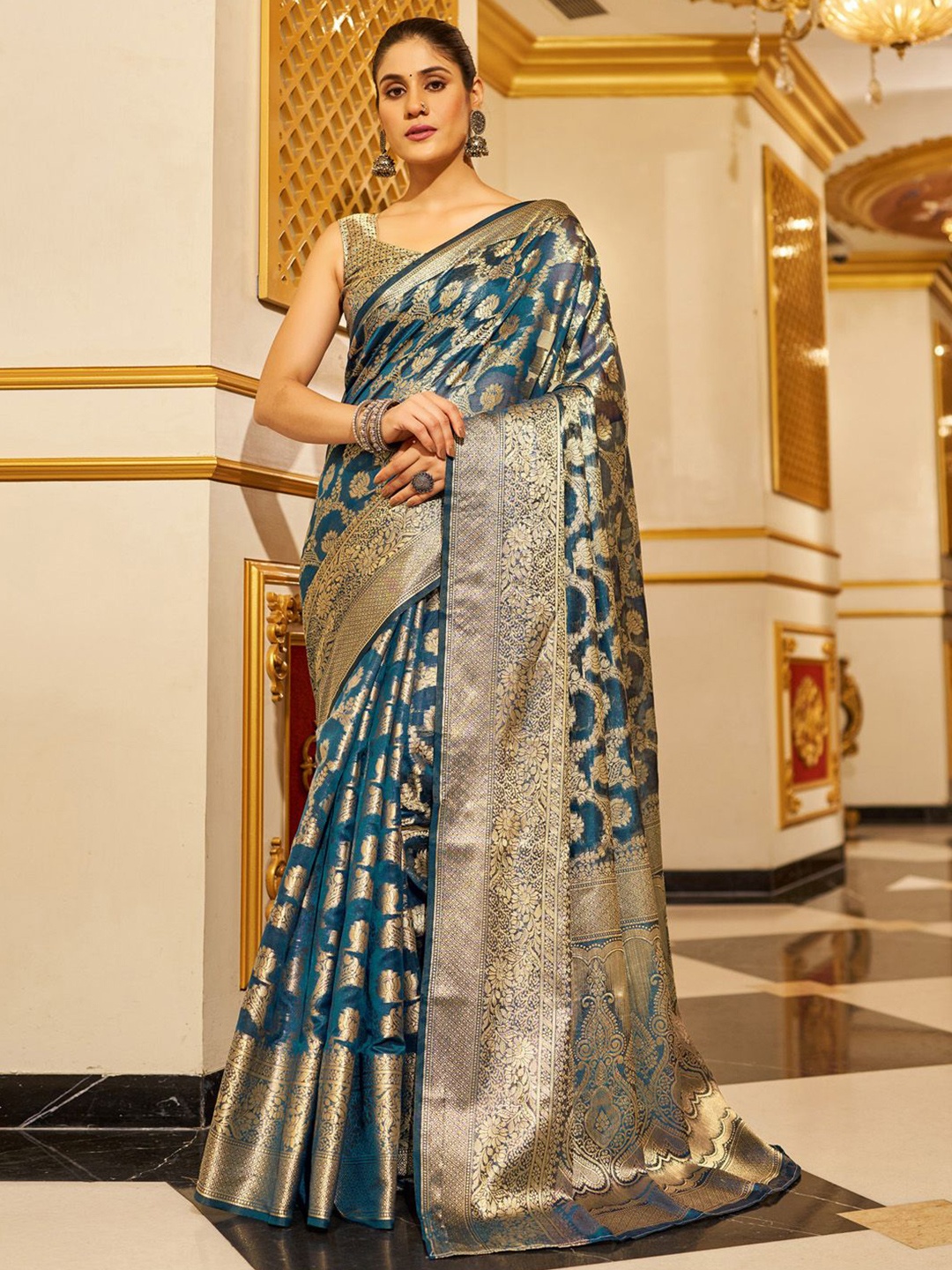 

KALINI Ethnic Motifs Woven Design Zari Organza Banarasi Saree, Teal