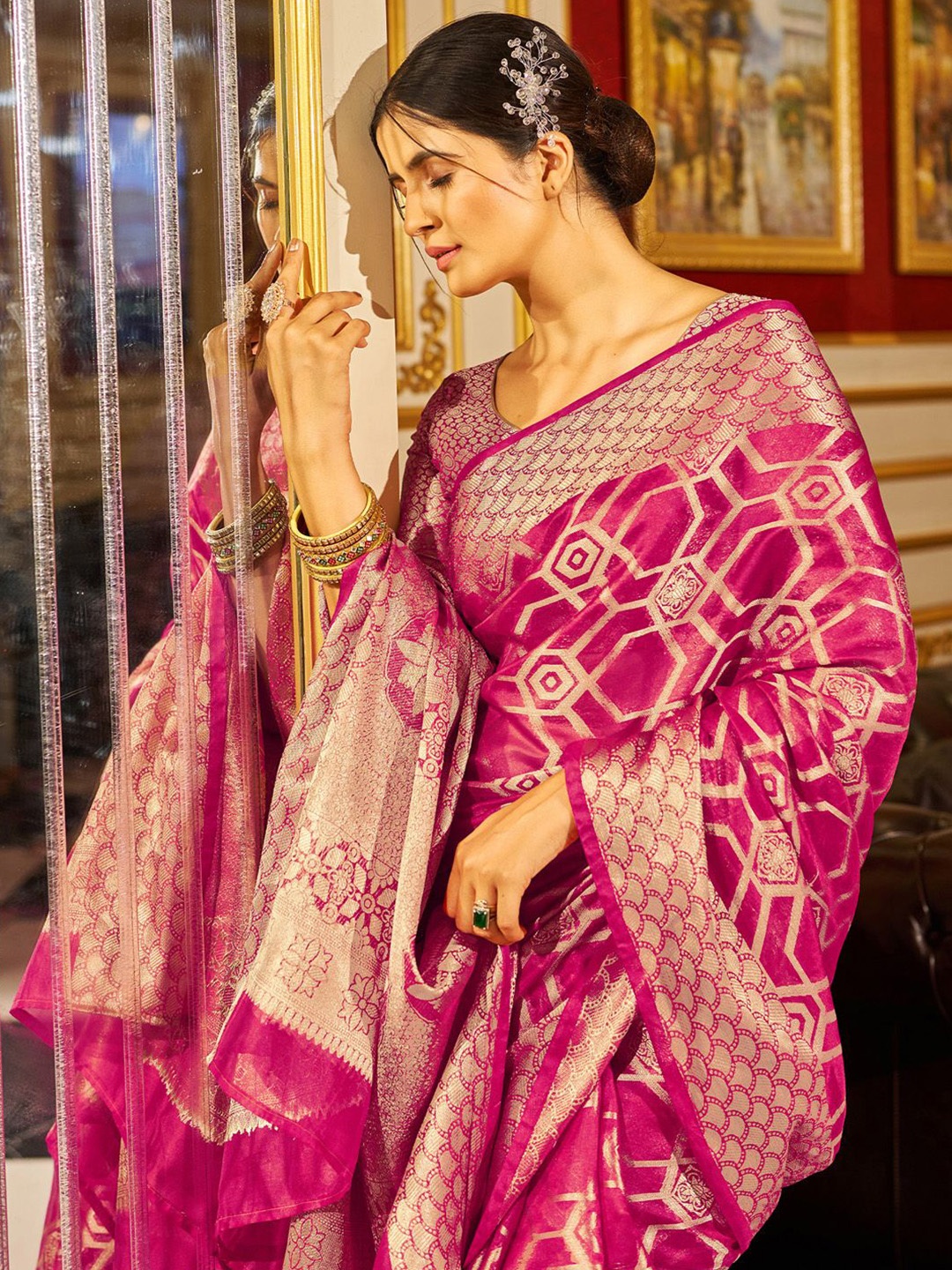 

KALINI Ethnic Motifs Woven Design Zari Organza Banarasi Saree, Pink