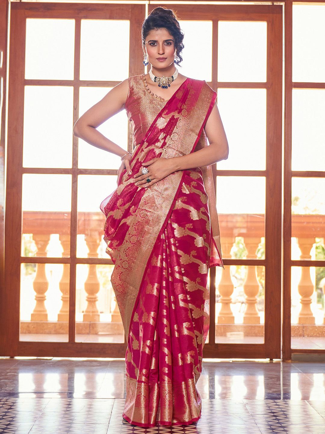 

KALINI Ethnic Motifs Woven Design Zari Organza Banarasi Saree, Pink