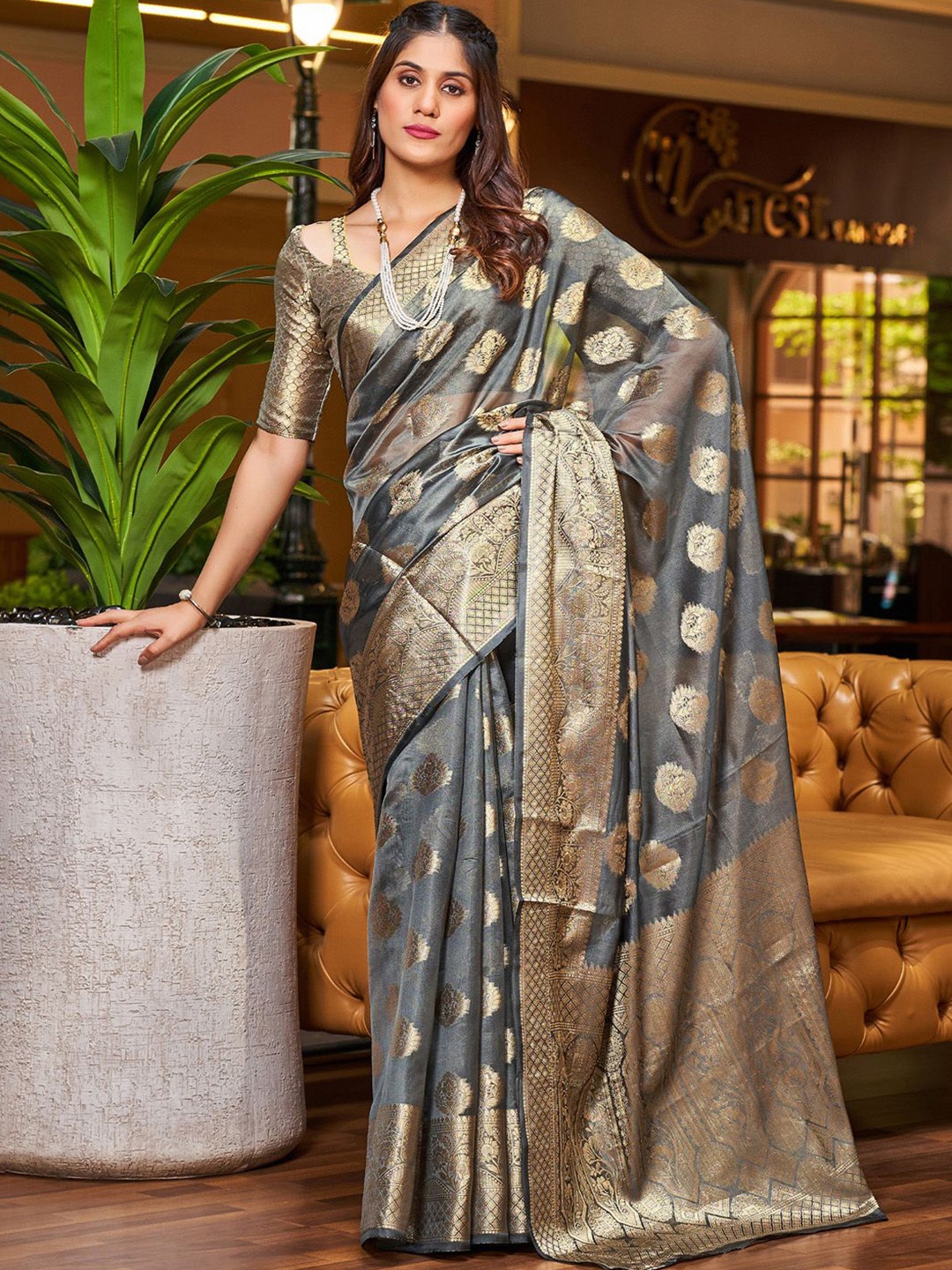 

KALINI Ethnic Motifs Woven Design Zari Organza Banarasi Saree, Grey