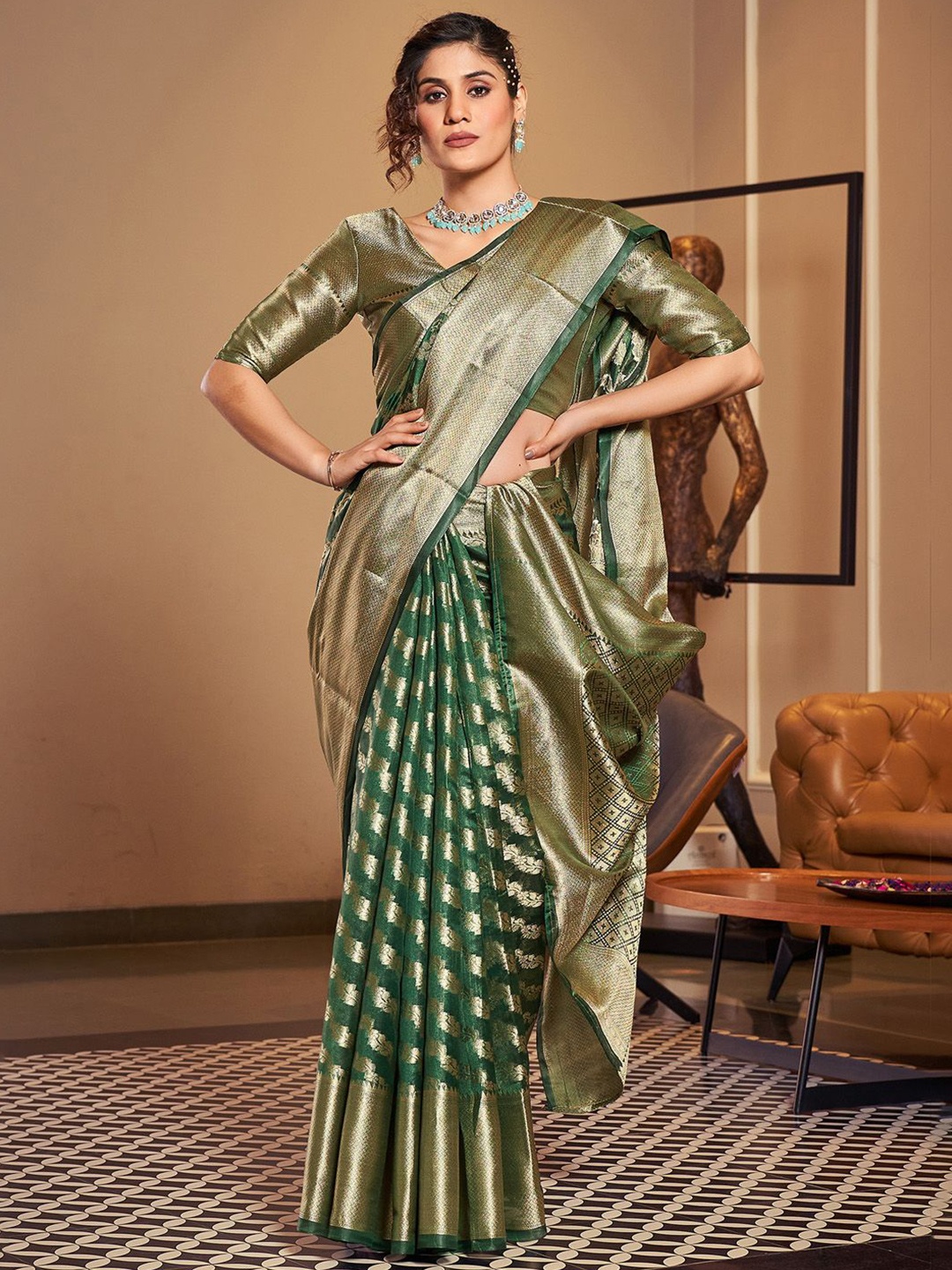 

KALINI Ethnic Motifs Woven Design Zari Organza Banarasi Saree, Green