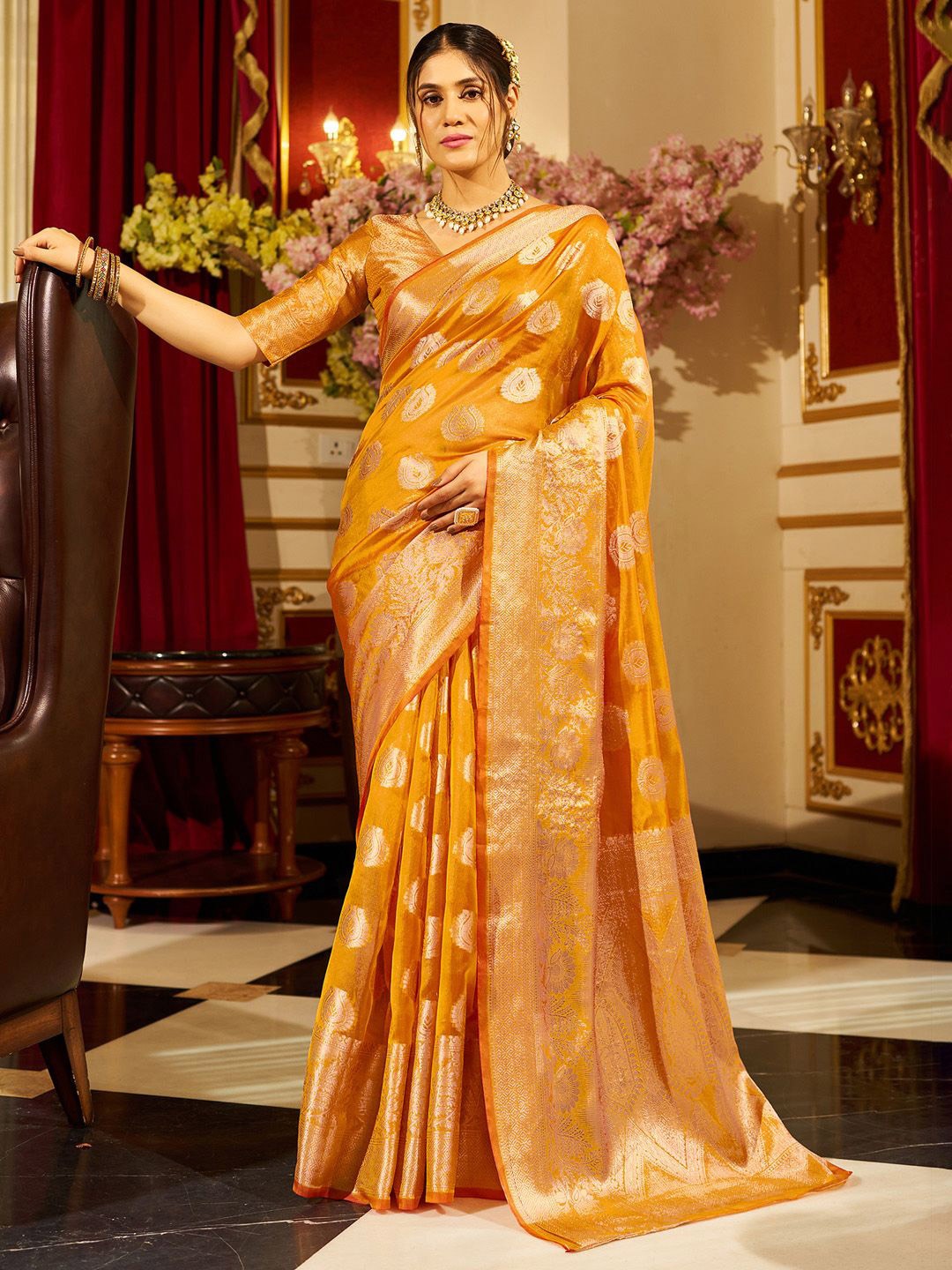 

KALINI Ethnic Motifs Woven Design Zari Organza Banarasi Saree, Yellow