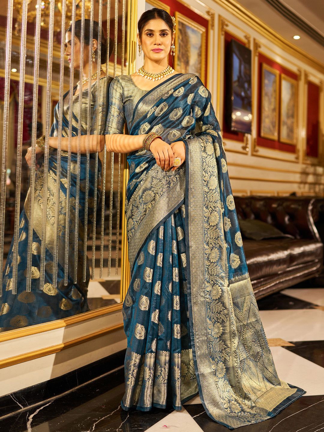 

KALINI Ethnic Motifs Woven Design Zari Organza Banarasi Saree, Teal