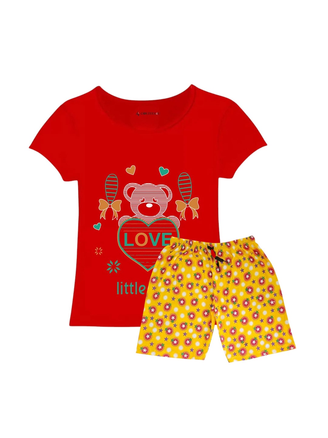 

CoolTees4U Girls Printed Pure Cotton T-shirt with Shorts, Red