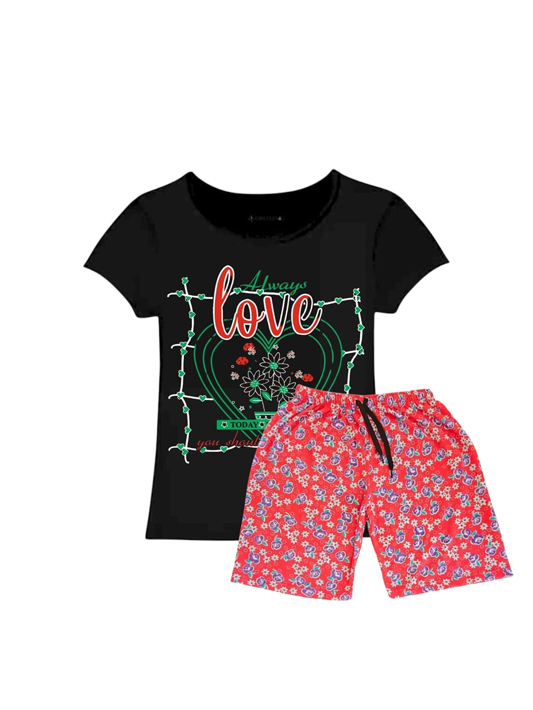 

CoolTees4U Girls Printed Pure Cotton T-shirt with Shorts, Black