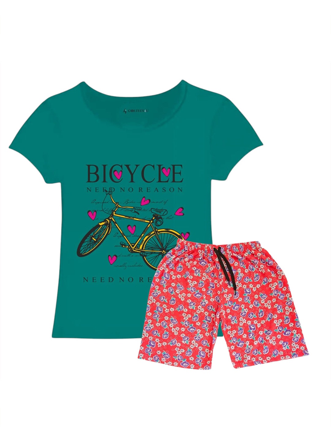 

CoolTees4U Girls Printed Pure Cotton T-shirt with Shorts, Green