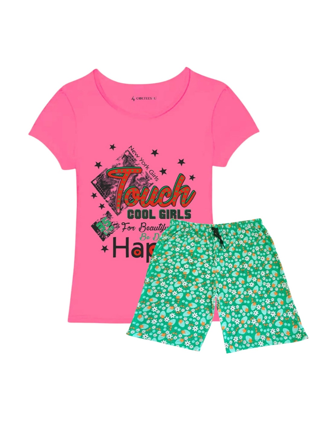 

CoolTees4U Girls Printed Pure Cotton T-shirt with Shorts, Pink