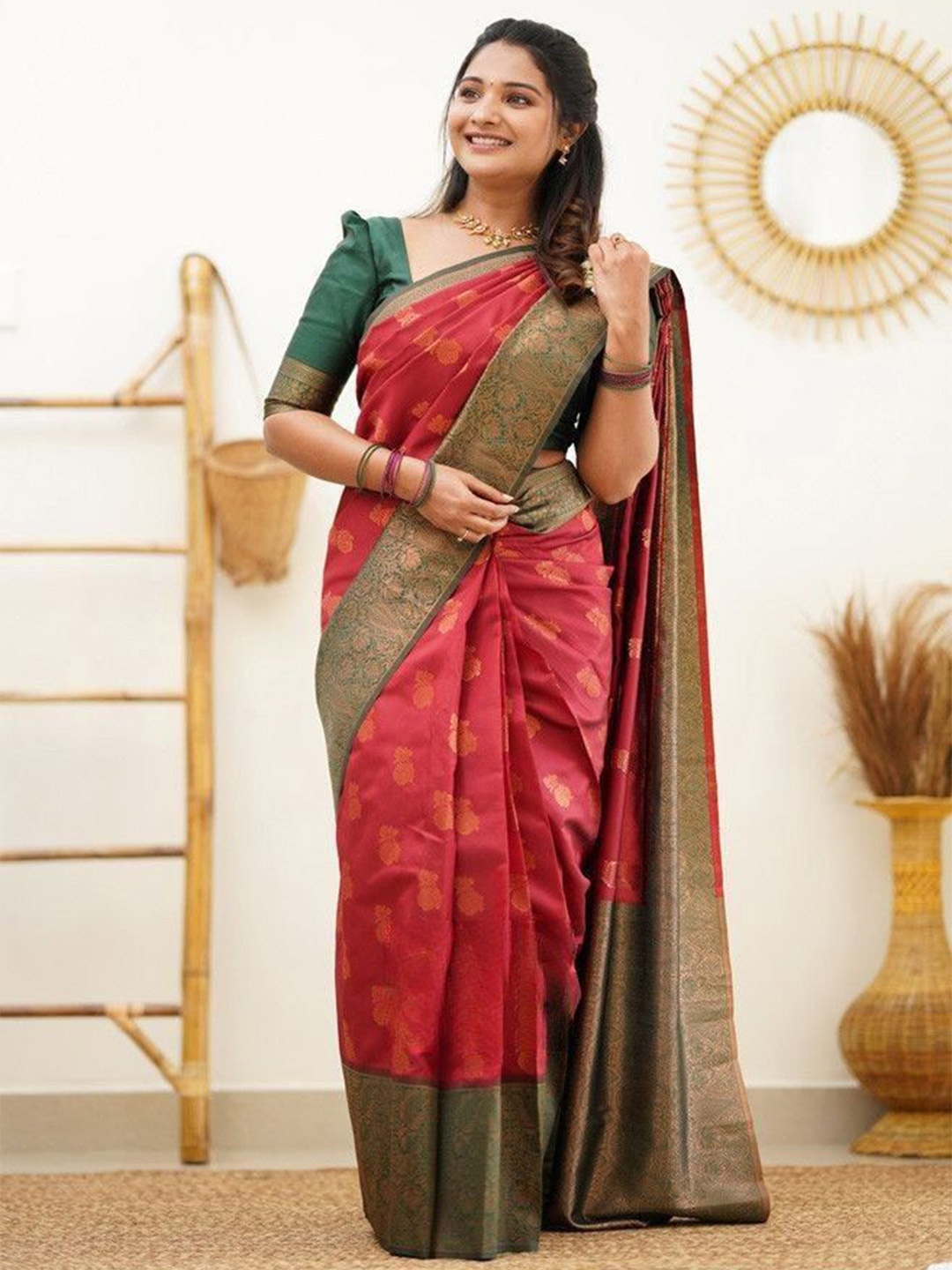 

choiceit Ethnic Motifs Woven Design Zari Pure Silk Saree, Red