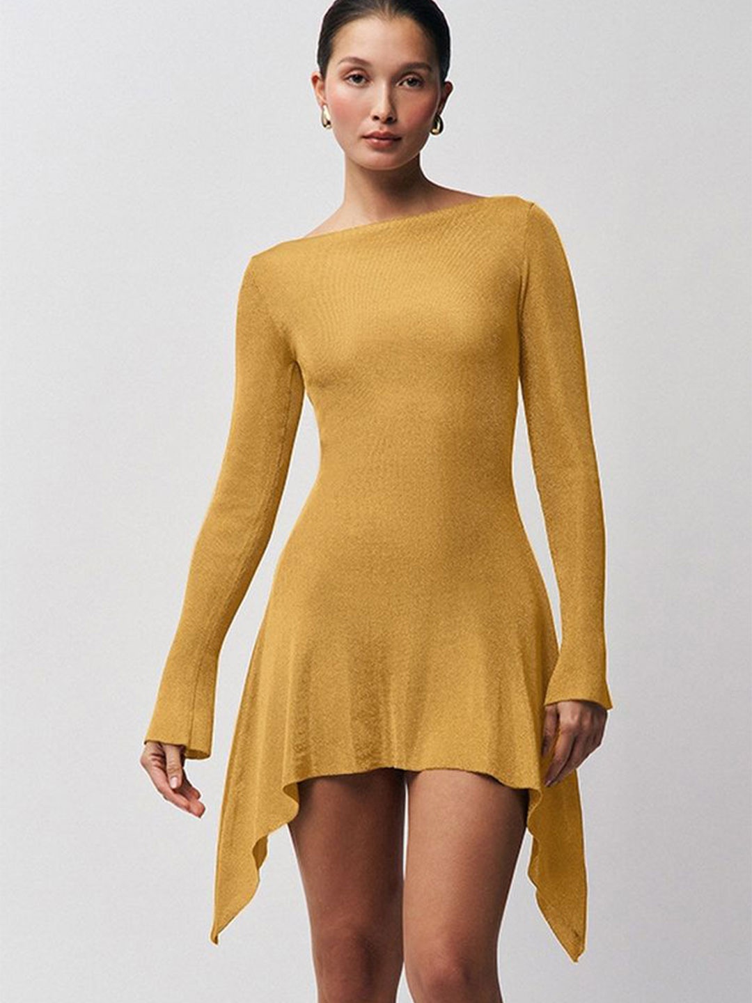 

LULU & SKY Hollow back Boat Neck Asymmetrical A-Line Dress, Gold
