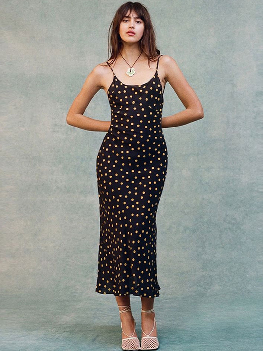 

LULU & SKY Women Polka Dot Printed Shoulder Straps A-Line Midi Dress, Black
