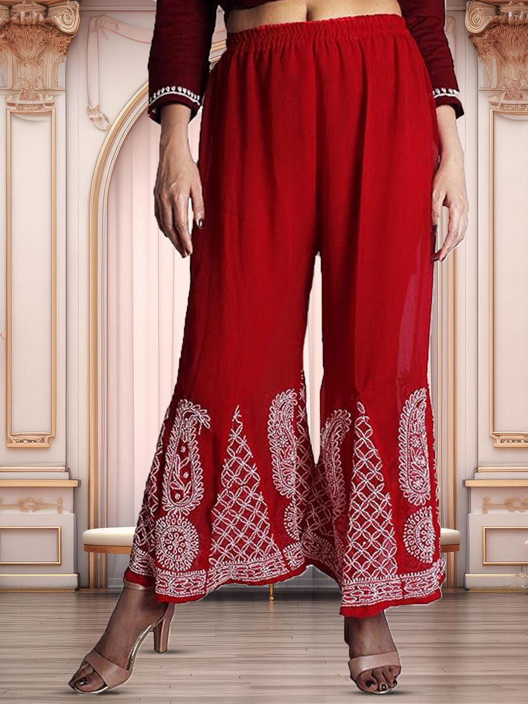 

ADR CHIKAN Women Ethnic Motifs Embroidered Flared Ethnic Palazzos, Red