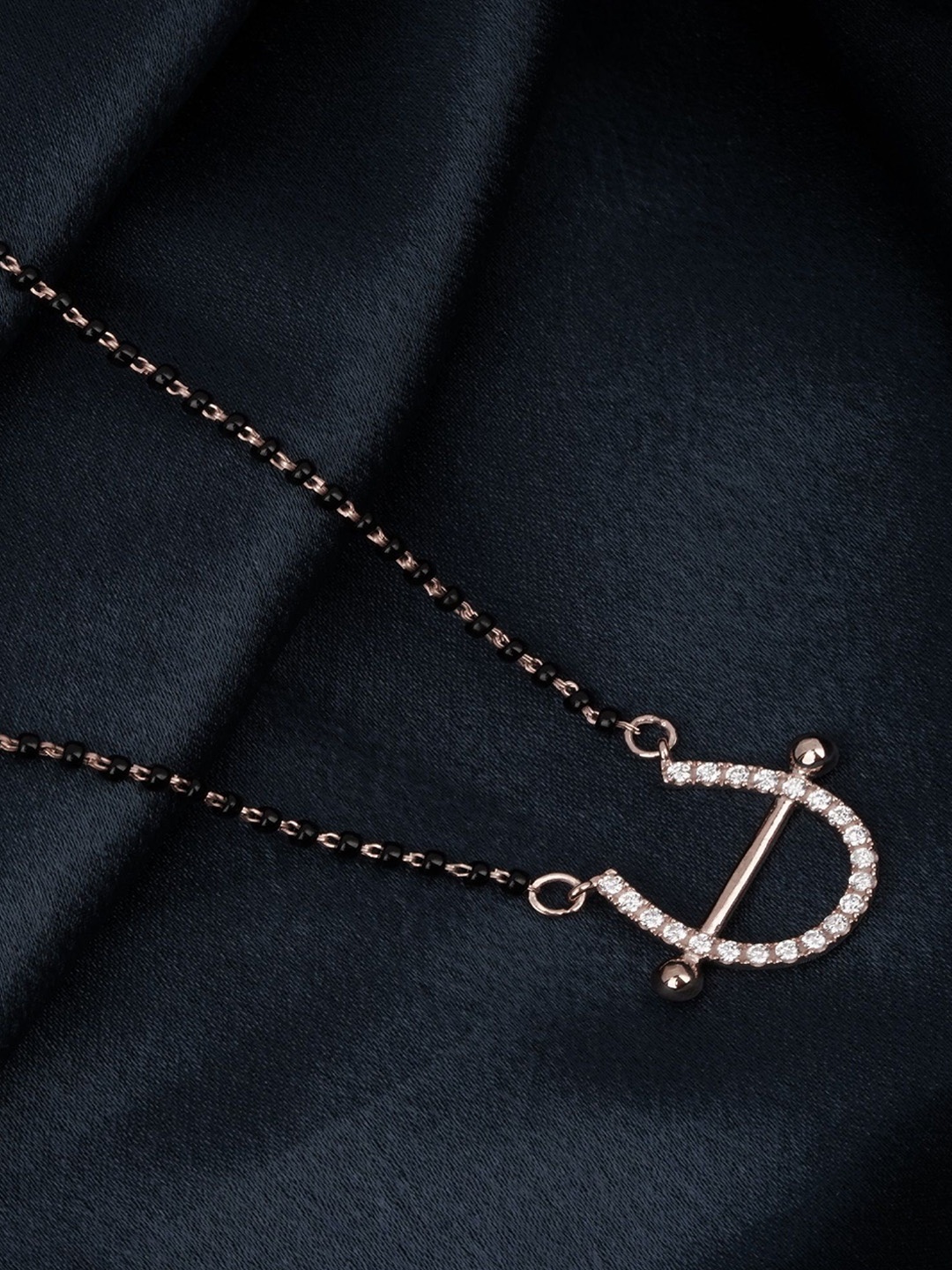 

Zalkari 925 Sterling Silver Rose Gold-Plated Studded & Beaded U Bar Mini Mangalsutra