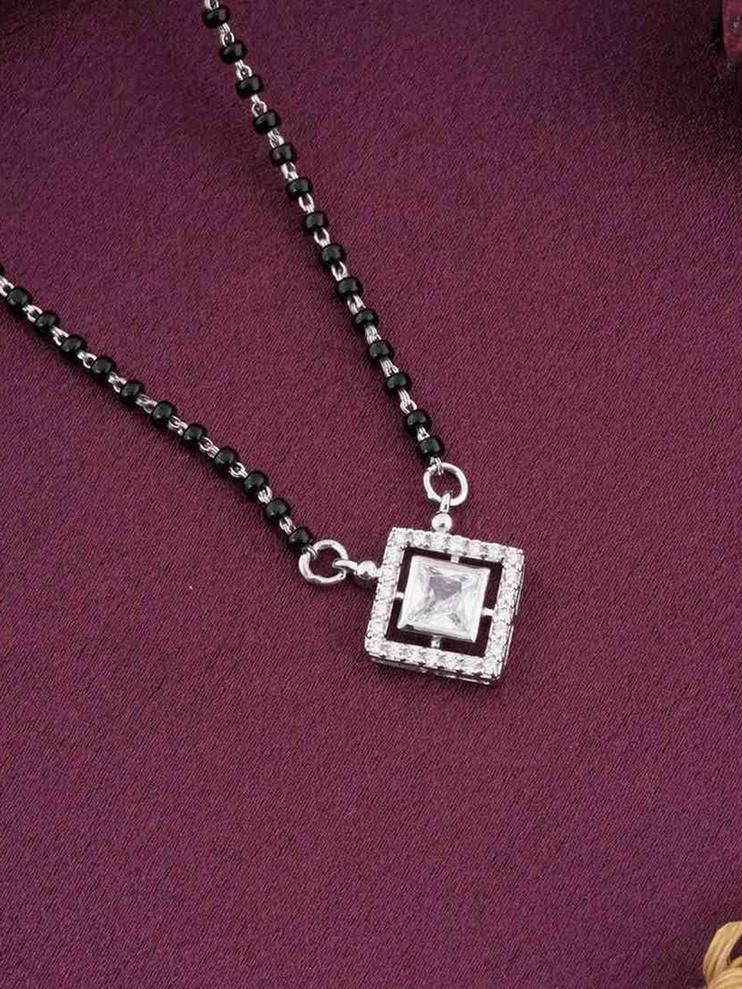 

Zalkari 925 Sterling Silver-Plated Stones Studded and Beaded Love Square Mangalsutra