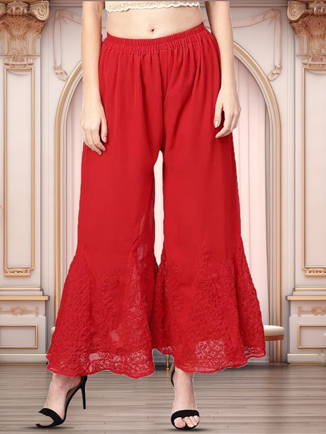 

ADR CHIKAN Women Ethnic Motifs Embroidered Flared Ethnic Palazzos, Red