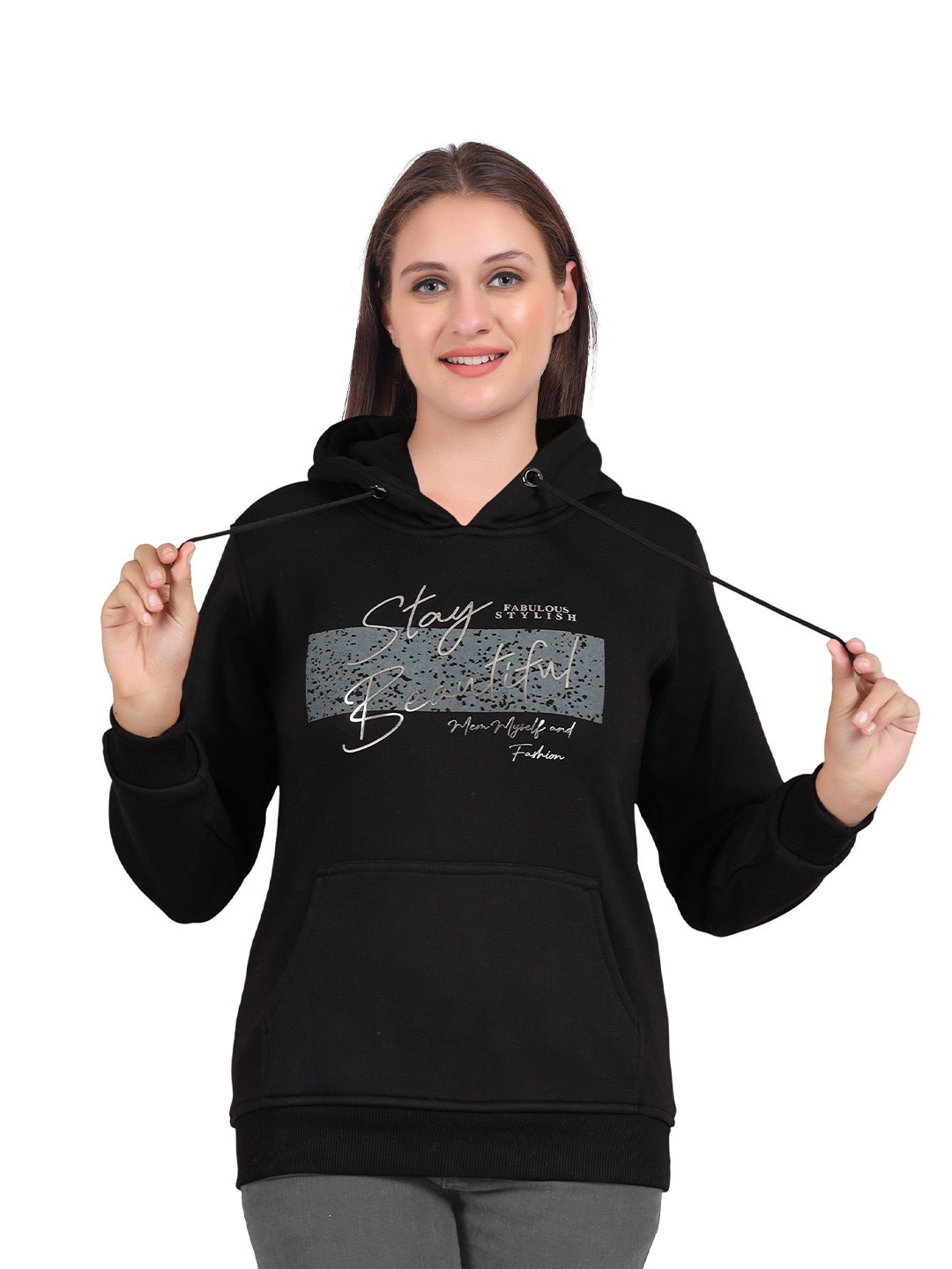 

Pampara Women Self Design Printed Hooded Sweatshirt, Black