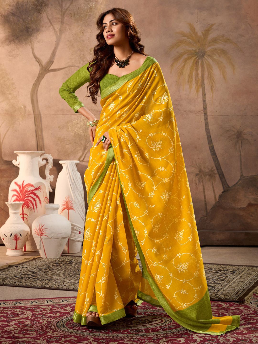 

Anouk Floral Printed Zari Saree, Mustard