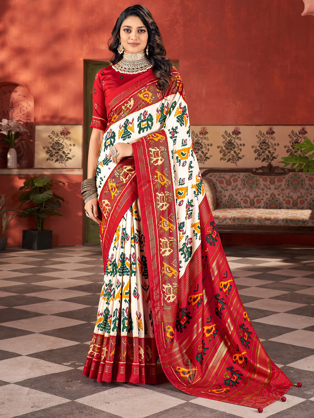 

Anouk Ethnic Motifs Woven Design Zari Patola Saree, Off white