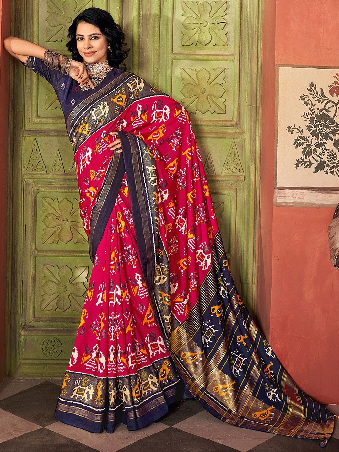 

Anouk Ethnic Motifs Woven Design Zari Patola Saree, Pink