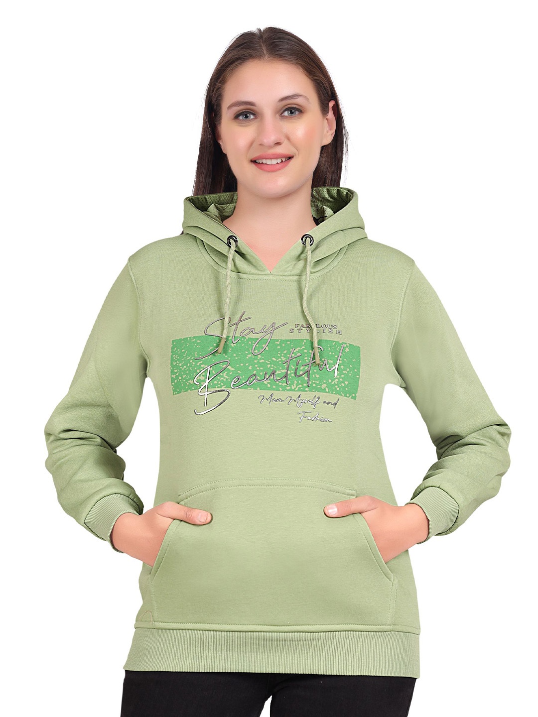 

Pampara Women Printed Hooded Fleece Sweatshirt, Green