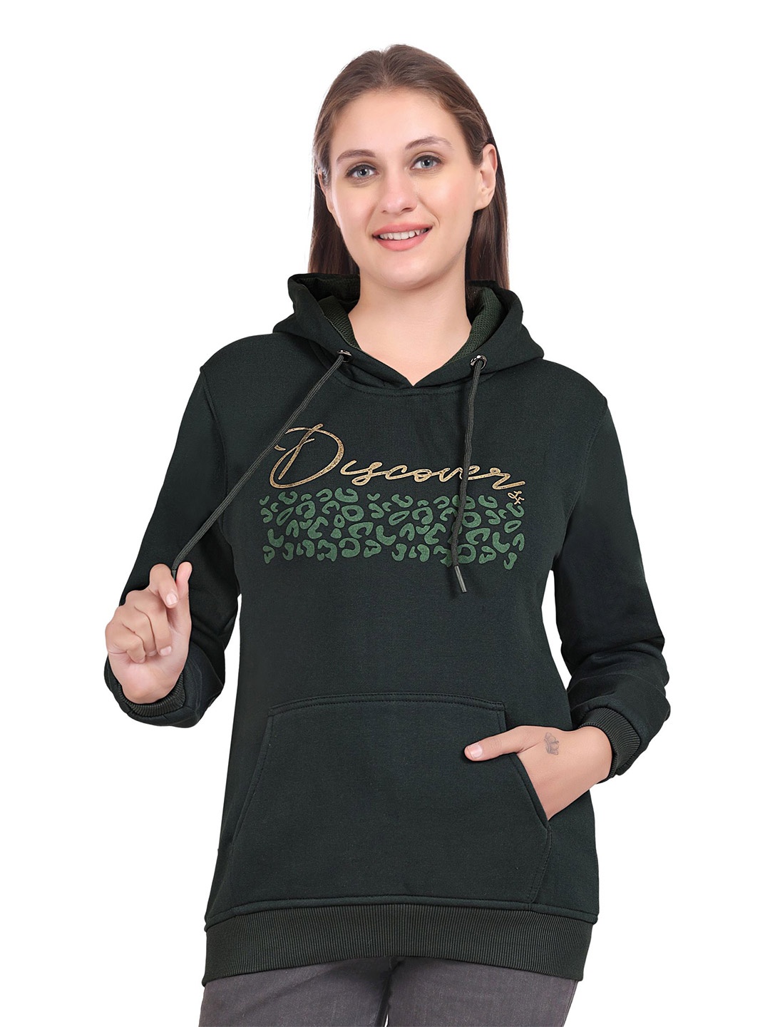 

Pampara Women Printed Hooded Sweatshirt, Green